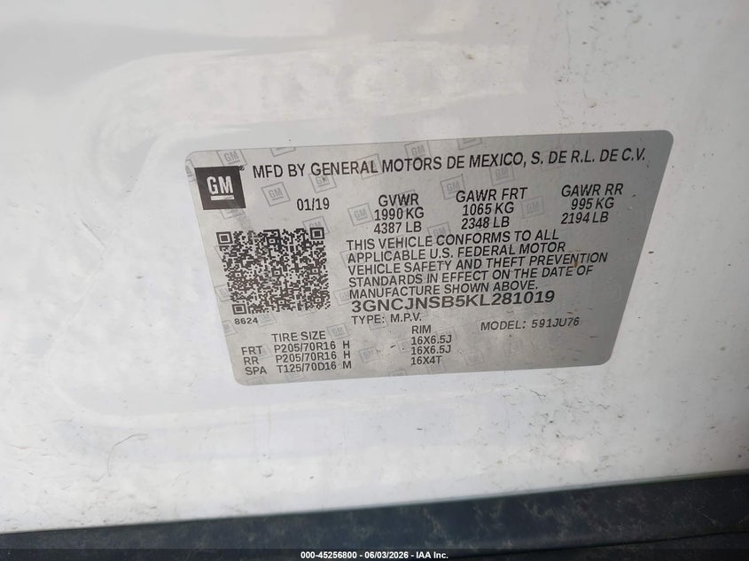 2019 Chevrolet Trax Ls VIN: 3GNCJNSB5KL281019 Lot: 45256800