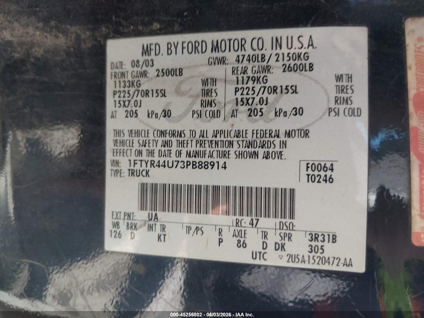 2003 Ford Ranger Edge/Tremor/Xlt VIN: 1FTYR44U73PB88914 Lot: 45256802