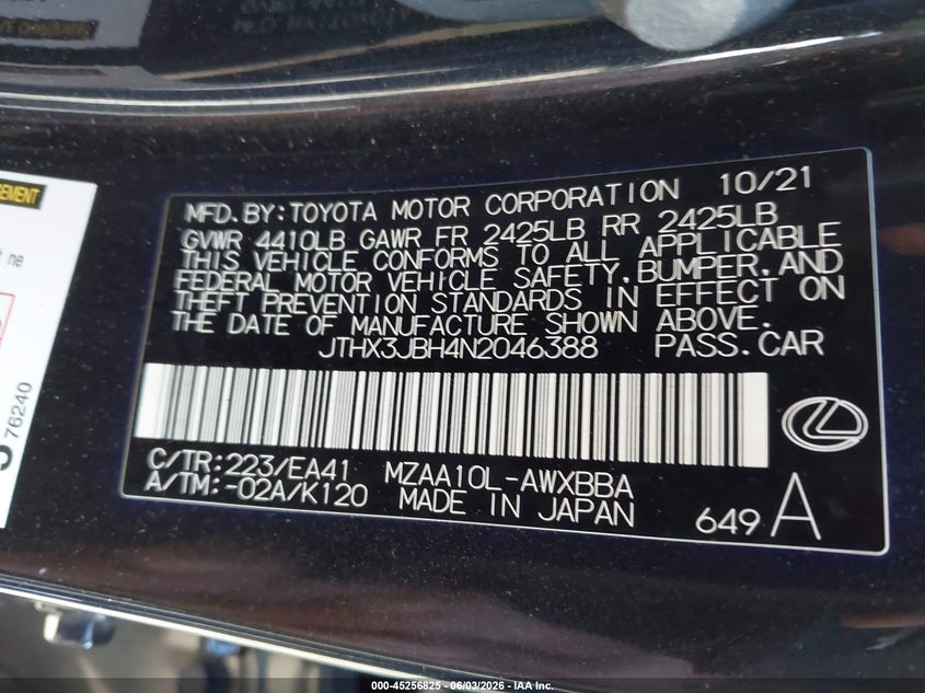 2022 Lexus Ux 200 VIN: JTHX3JBH4N2046388 Lot: 45256825