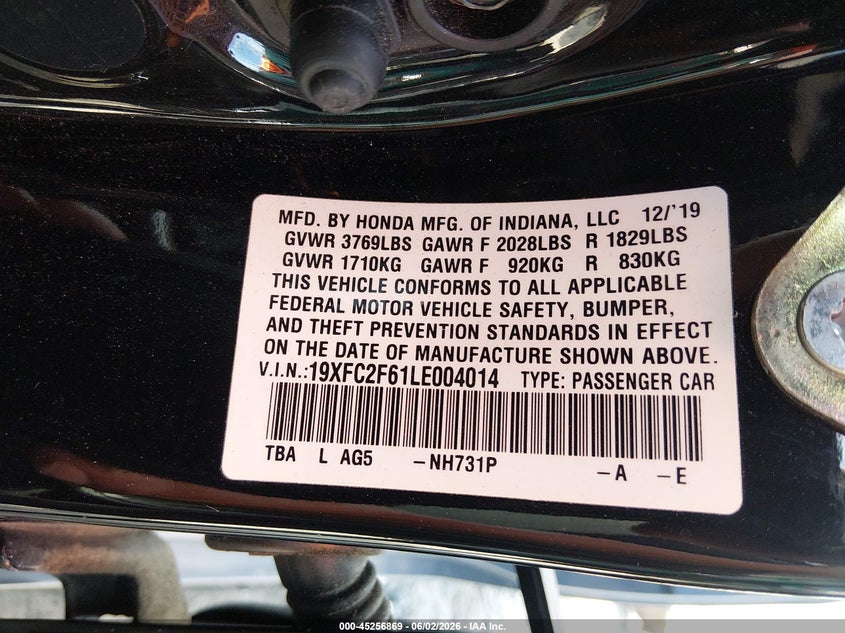 2020 HONDA CIVIC SEDAN 2.0L I-4 DOHC, VVT, 158HP
