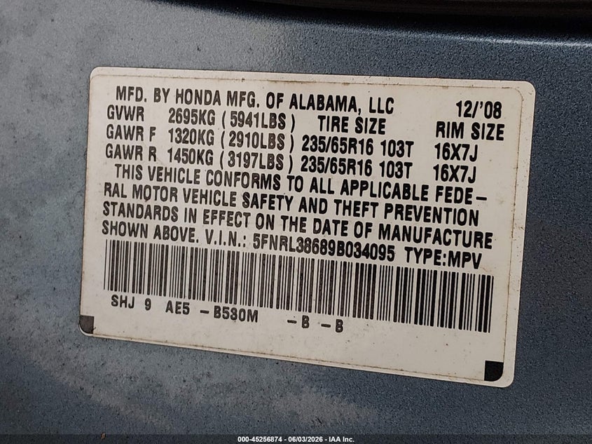 2009 Honda Odyssey Ex-L VIN: 5FNRL38689B034095 Lot: 45256874