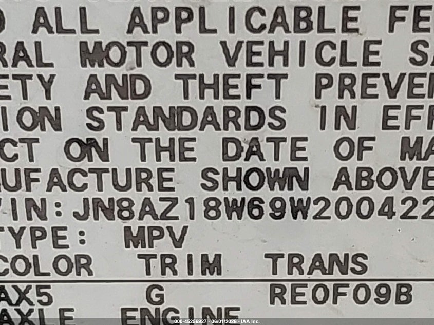 2009 Nissan Murano S VIN: JN8AZ18W69W200422 Lot: 45256927