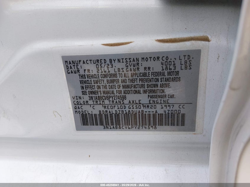 NISSAN SENTRA 2023 VIN 3N1AB8CV6PY274598