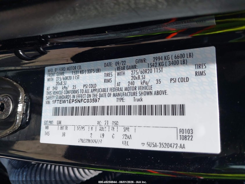 2022 Ford F-150 Xl VIN: 1FTEW1EP5NFC03597 Lot: 45256944
