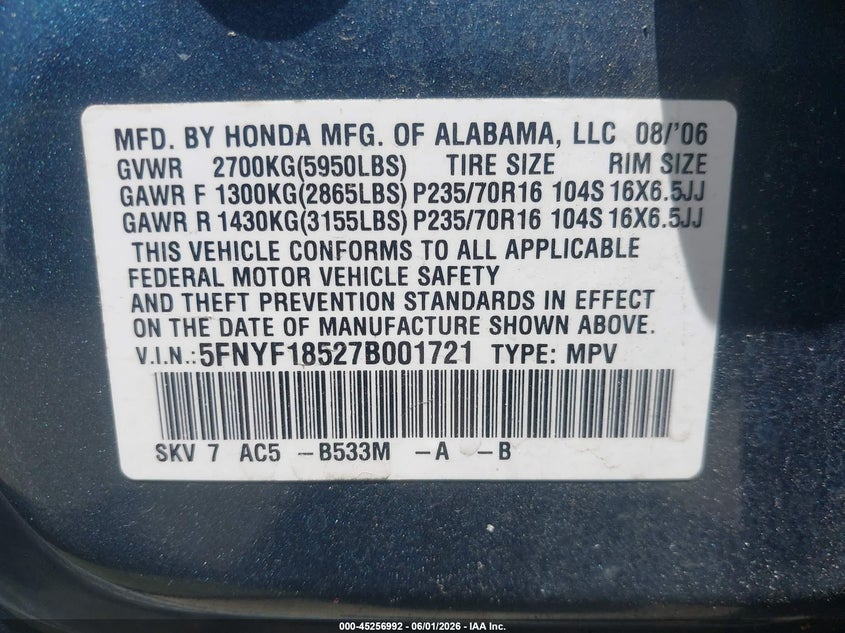 2007 Honda Pilot Ex-L VIN: 5FNYF18527B001721 Lot: 45256992
