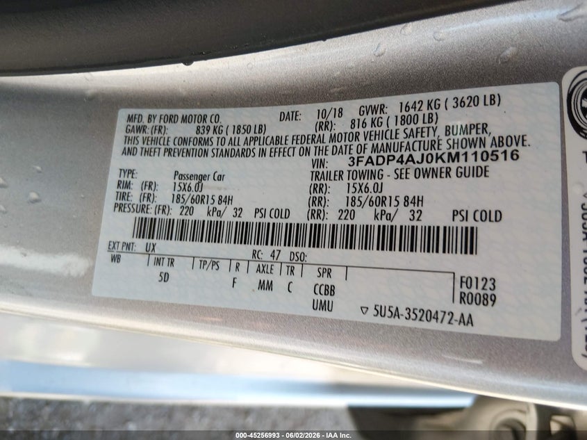 2019 Ford Fiesta S VIN: 3FADP4AJ0KM110516 Lot: 45256993