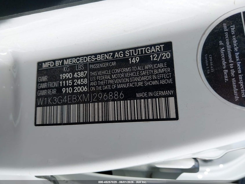 2021 Mercedes-Benz A 220 VIN: W1K3G4EBXMJ296886 Lot: 45257029