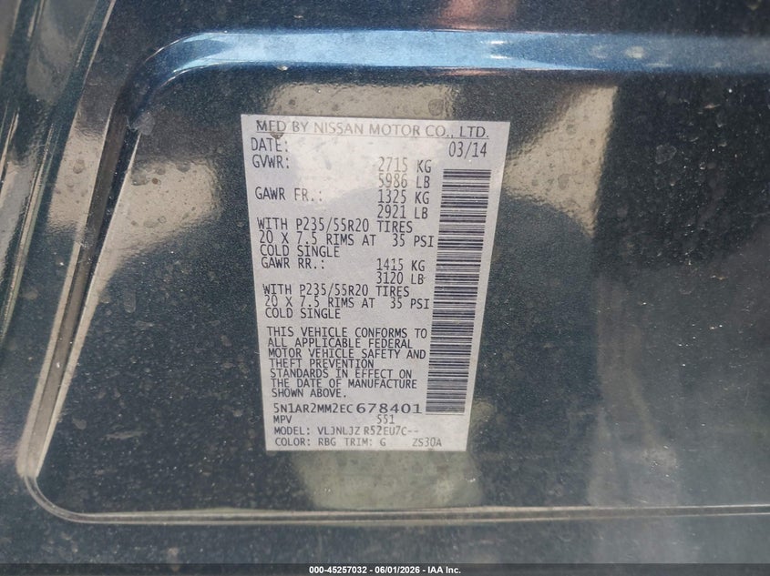 2014 Nissan Pathfinder Platinum VIN: 5N1AR2MM2EC678401 Lot: 45257032
