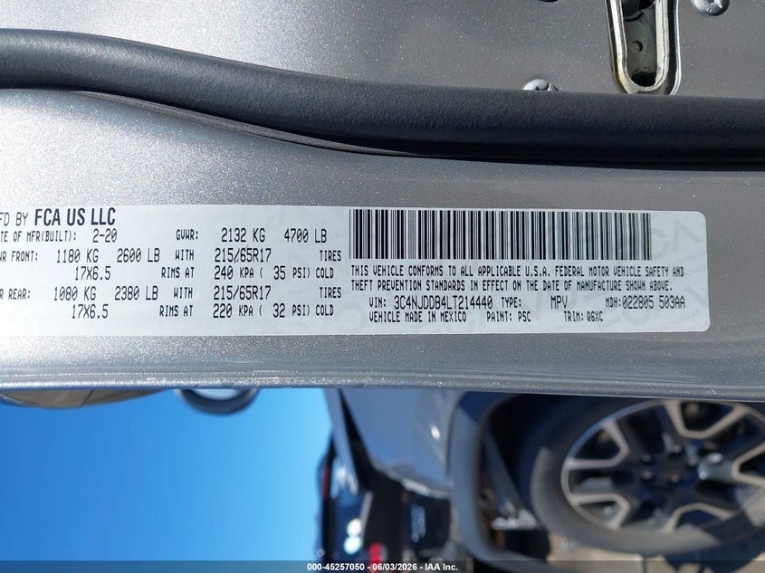 2020 Jeep Compass Trailhawk 4X4 VIN: 3C4NJDDB4LT214440 Lot: 45257050