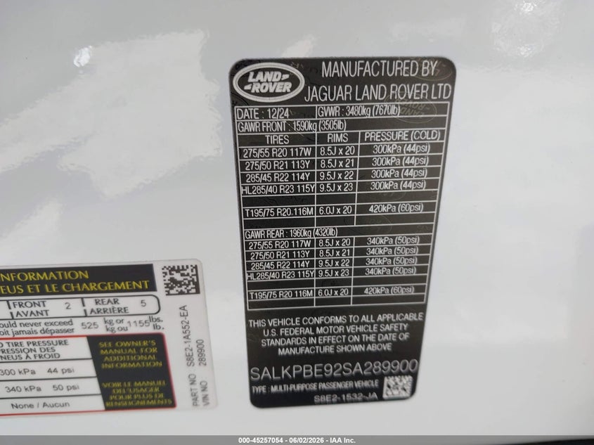2025 Land Rover Range Rover P530 Se 7 Seat VIN: SALKPBE92SA289900 Lot: 45257054