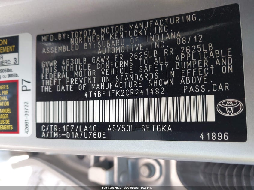2012 TOYOTA CAMRY SEDAN 2.5L I-4 DOHC, VVT, 178HP