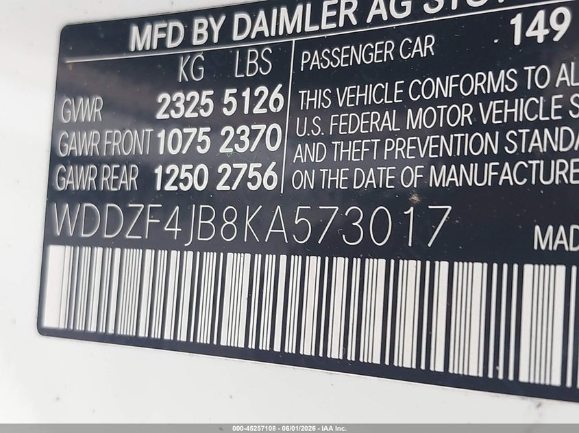 2019 Mercedes-Benz E 300 VIN: WDDZF4JB8KA573017 Lot: 45257108