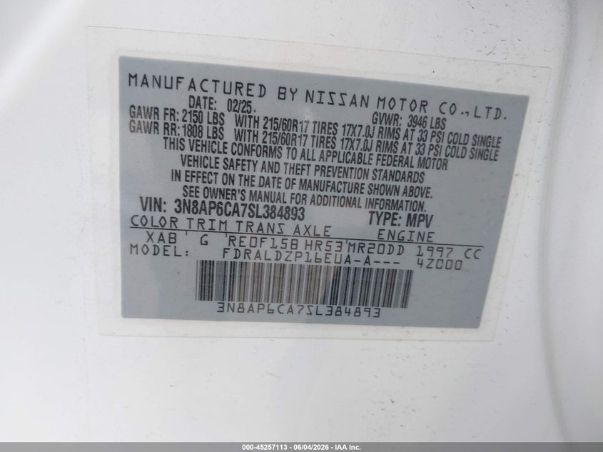 2025 Nissan Kicks Sv Fwd VIN: 3N8AP6CA7SL384893 Lot: 45257113