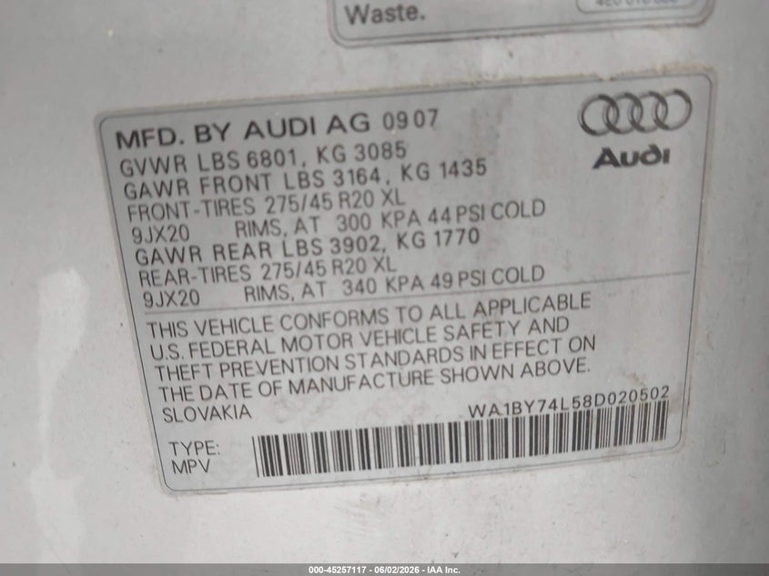 2008 Audi Q7 3.6 Premium VIN: WA1BY74L58D020502 Lot: 45257117