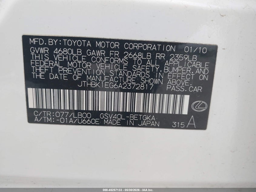 2010 LEXUS ES SEDAN 3.5L V-6 DOHC, VVT, 272HP