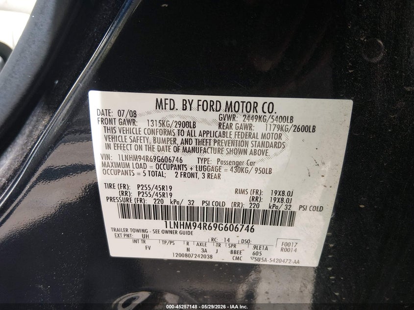 2009 Lincoln Mks VIN: 1LNHM94R69G606746 Lot: 45257148