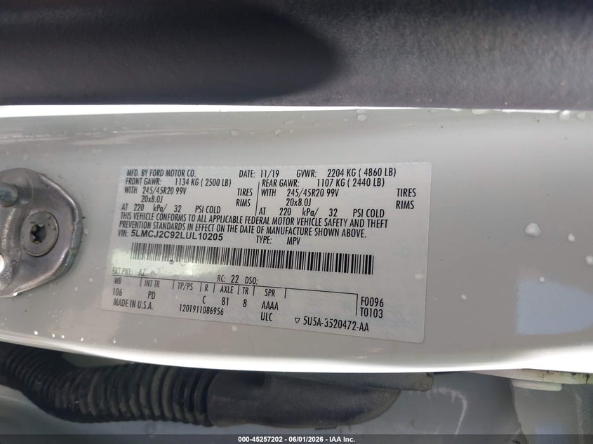 2020 Lincoln Corsair Reserve VIN: 5LMCJ2C92LUL10205 Lot: 45257202