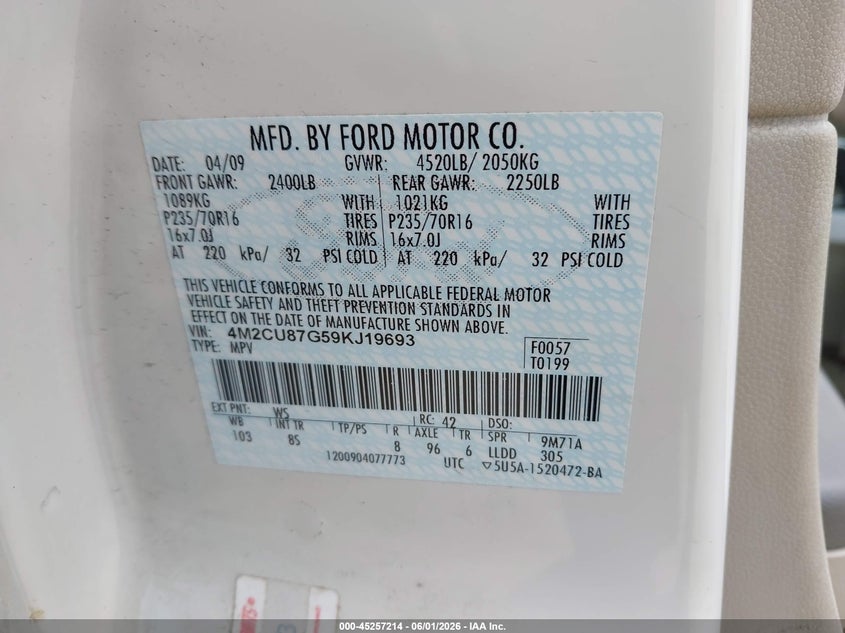 2009 Mercury Mariner Premier V6 VIN: 4M2CU87G59KJ19693 Lot: 45257214