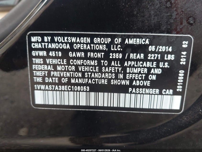 2014 Volkswagen Passat 1.8T Wolfsburg Edition VIN: 1VWAS7A38EC106053 Lot: 45257227