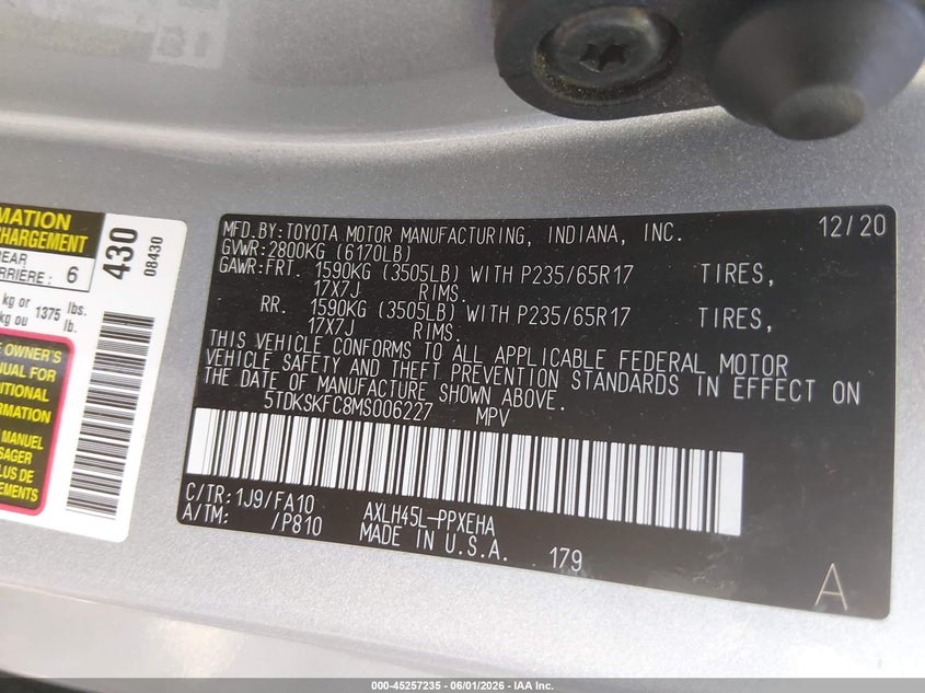 2021 Toyota Sienna Le VIN: 5TDKSKFC8MS006227 Lot: 45257235