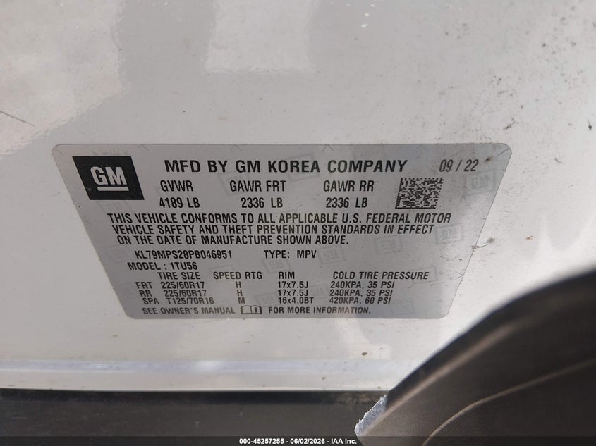 2023 Chevrolet Trailblazer Fwd Lt VIN: KL79MPS28PB046951 Lot: 45257255