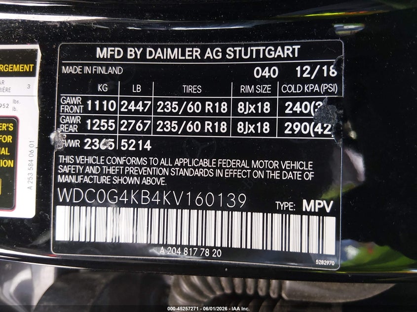 2019 Mercedes-Benz Glc 300 4Matic VIN: WDC0G4KB4KV160139 Lot: 45257271