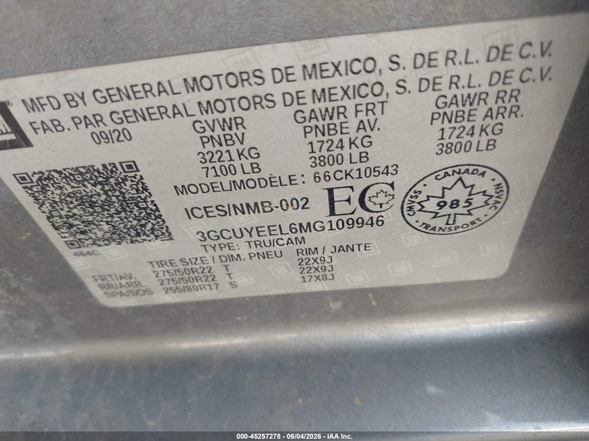 2021 Chevrolet Silverado 1500 Rst VIN: 3GCUYEEL6MG109946 Lot: 45257278