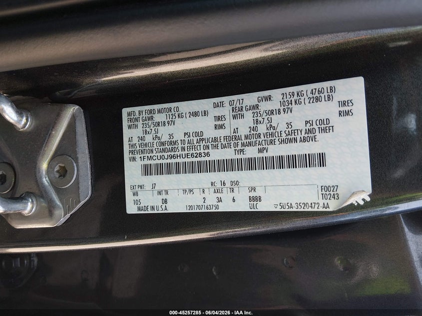 2017 Ford Escape Titanium VIN: 1FMCU0J96HUE62836 Lot: 45257285