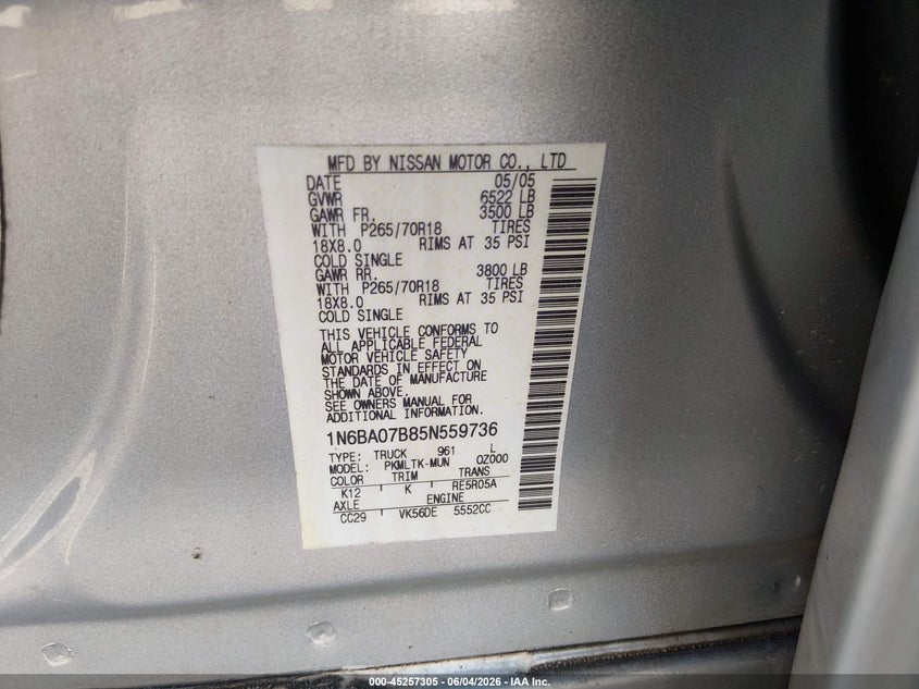 2005 Nissan Titan Se VIN: 1N6BA07B85N559736 Lot: 45257305