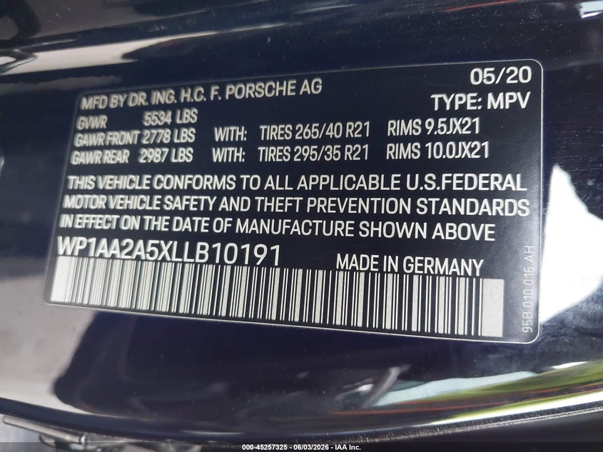 2020 Porsche Macan VIN: WP1AA2A5XLLB10191 Lot: 45257325