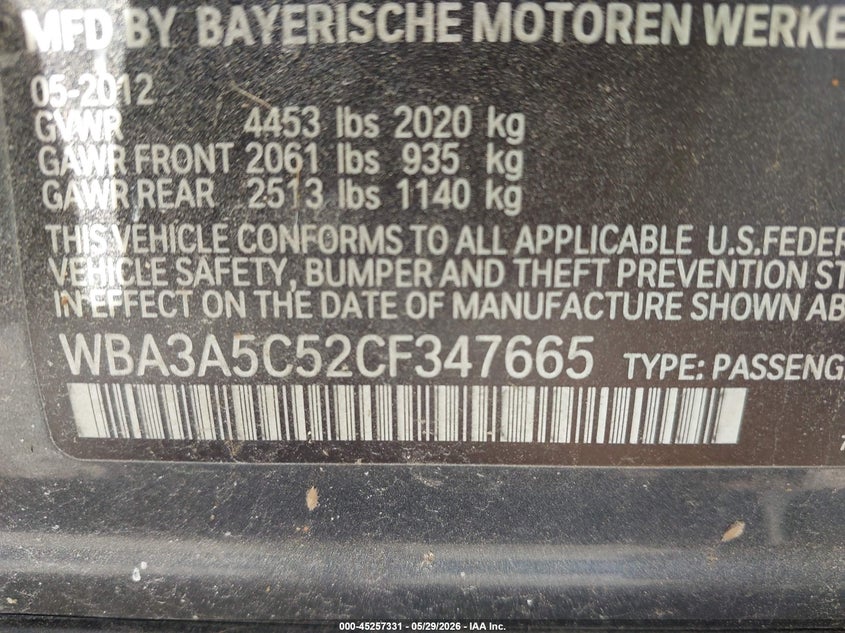 2012 BMW 3er 2.0 328I grey Lot 111045257331 Vin WBA3A5C52CF347665