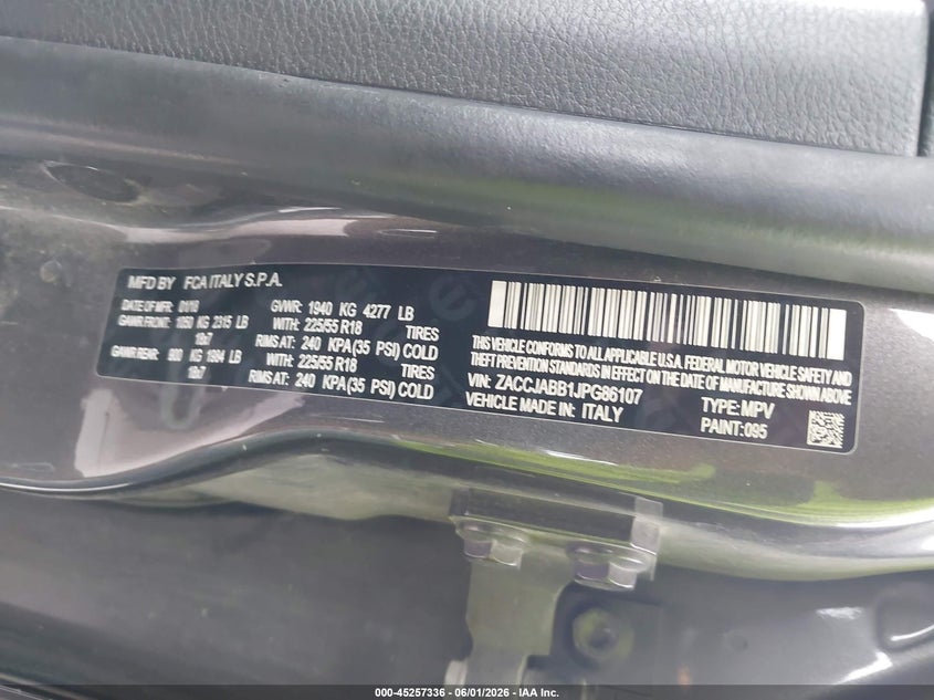 2018 Jeep Renegade Latitude Fwd VIN: ZACCJABB1JPG86107 Lot: 45257336