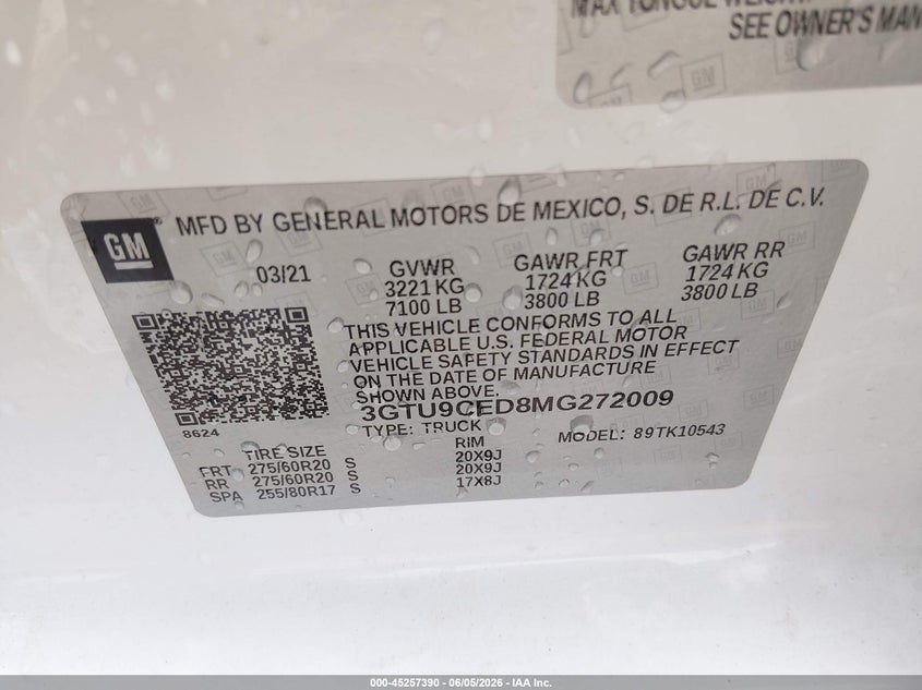 2021 GMC SIERRA 1500 5.3L V-8 DI, VVT, 35(VIN: 3GTU9CED8MG272009