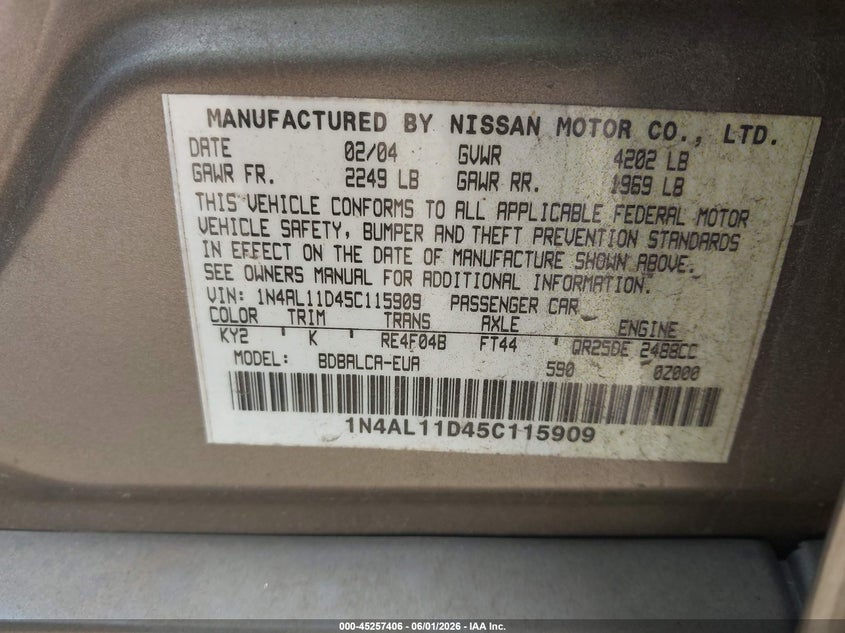 2005 Nissan Altima 2.5 S VIN: 1N4AL11D45C115909 Lot: 45257406