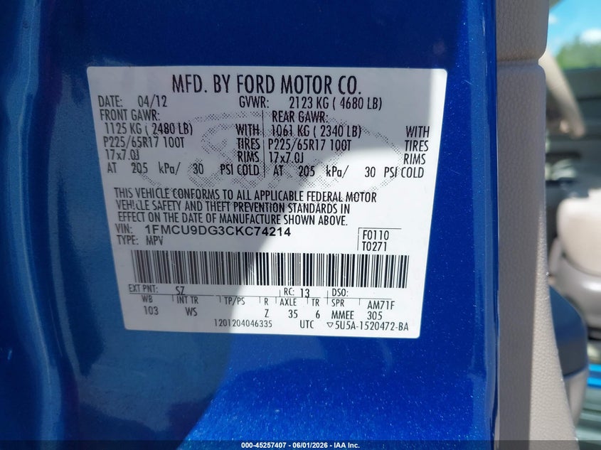 2012 Ford Escape 3.0 Xlt blue Lot 111045257407 Vin 1FMCU9DG3CKC74214