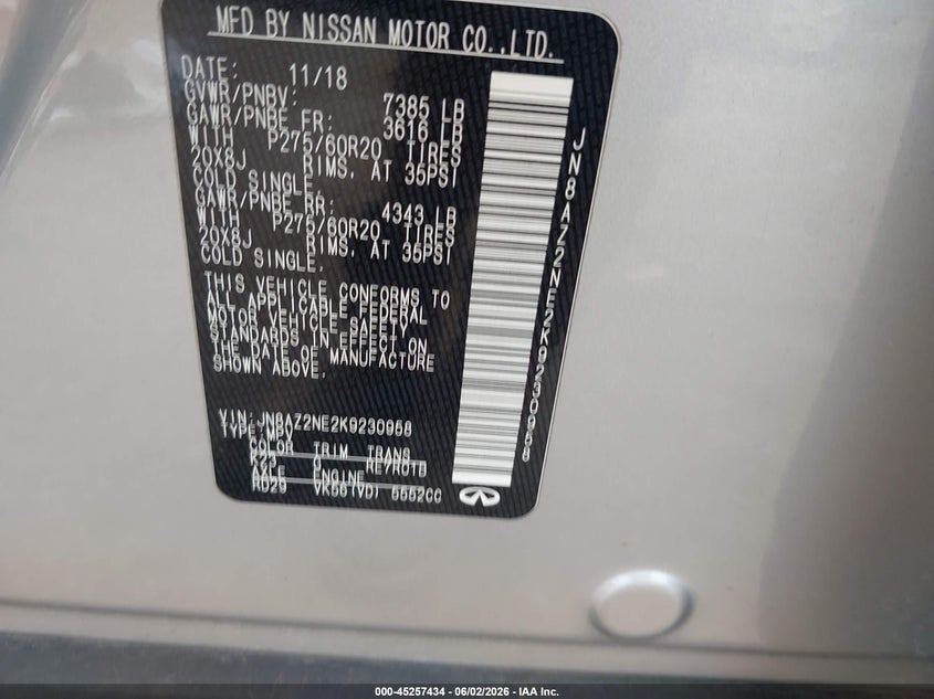 2019 Infiniti Qx80 Luxe VIN: JN8AZ2NE2K9230958 Lot: 45257434