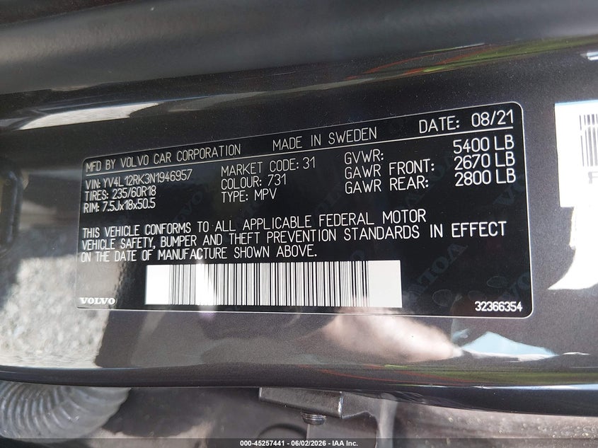 2022 Volvo Xc60 B5 Momentum VIN: YV4L12RK3N1946957 Lot: 45257441