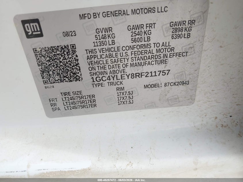 2024 Chevrolet Hd 4wd Long Bed Work Truck White Lot 111045257472 Vin 1GC4YLEY8RF211757
