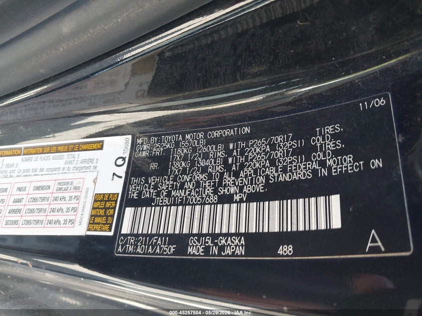 2007 Toyota Fj Cruiser VIN: JTEBU11F170057688 Lot: 45257504