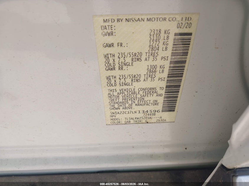 2020 Nissan Murano Sl Fwd VIN: 5N1AZ2CJ7LN134596 Lot: 45257526