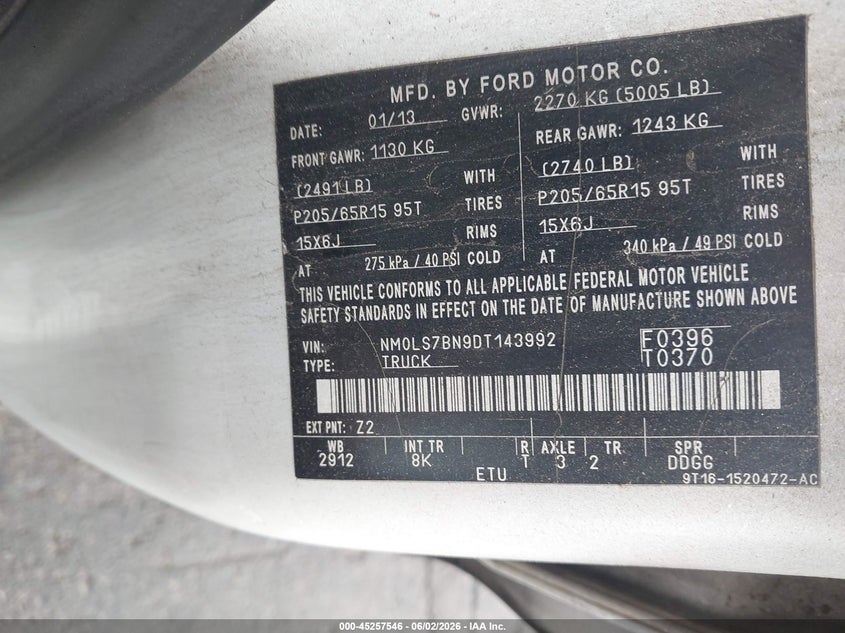 2013 Ford Transit Connect Xlt VIN: NM0LS7BN9DT143992 Lot: 45257546