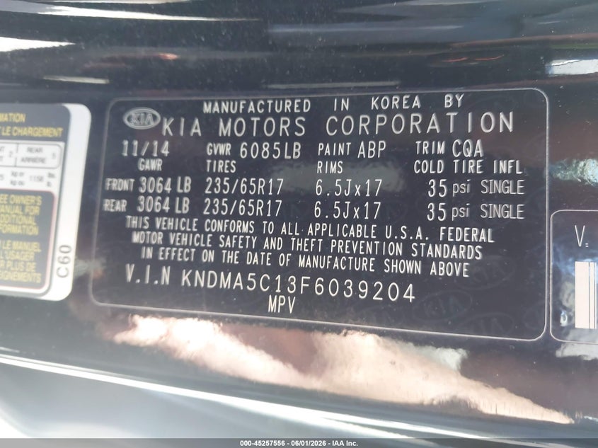 2015 KIA SEDONA VAN 3.3L V-6 DI, DOHC, VVT, 276HP