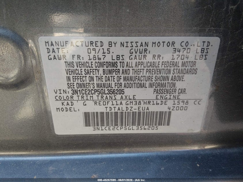 NISSAN VERSA NOTE 2016 VIN 3N1CE2CP5GL356205