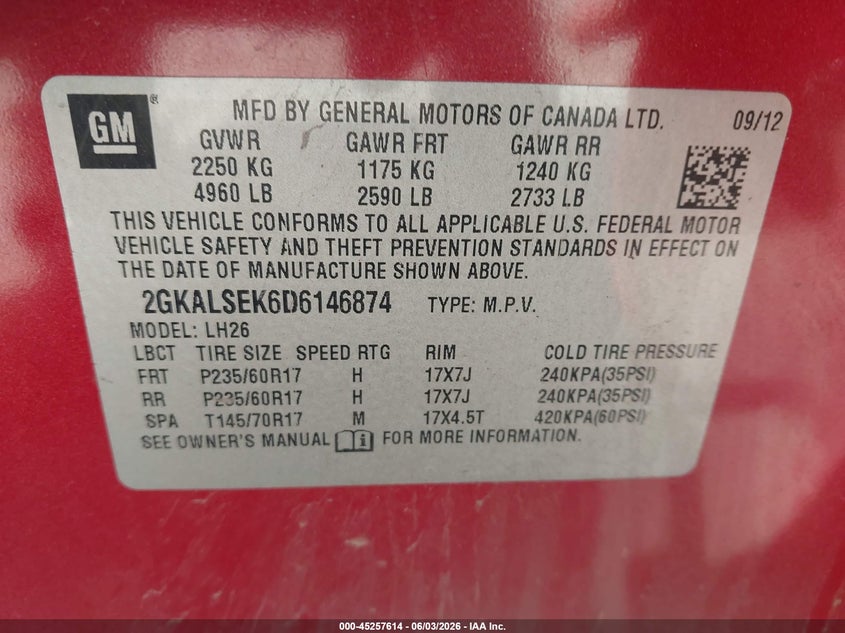 2013 GMC Terrain Sle-2 VIN: 2GKALSEK6D6146874 Lot: 45257614