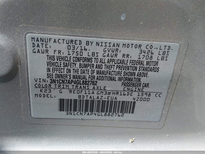 2016 NISSAN VERSA SEDAN 1.6L I-4 DOHC, VVT, 109HP