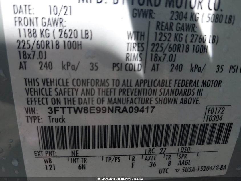 2022 Ford Maverick Lariat VIN: 3FTTW8E99NRA09417 Lot: 45257650
