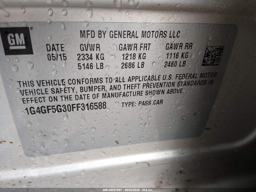 2015 Buick Lacrosse Premium Ii VIN: 1G4GF5G30FF316588 Lot: 45257697