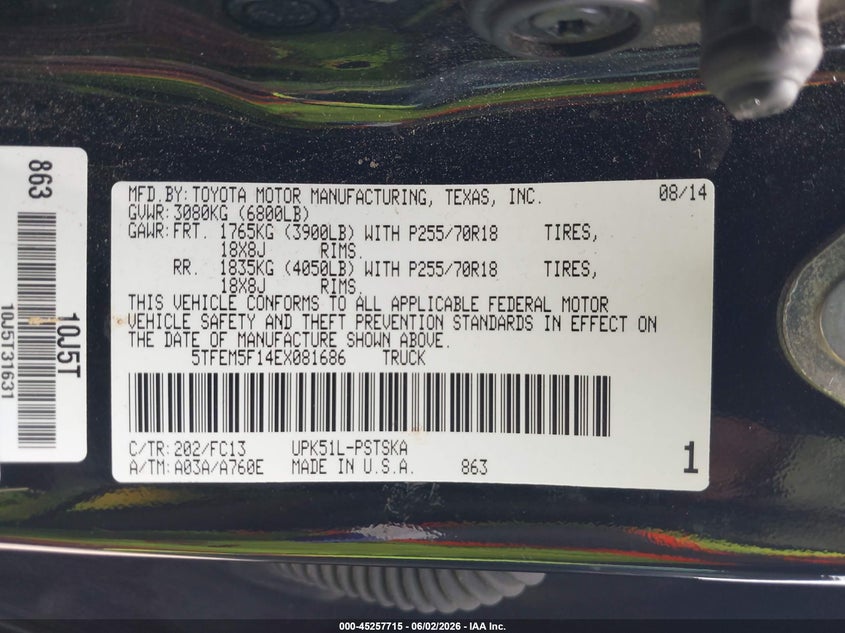 2014 Toyota Tundra Sr5 4.6L V8 VIN: 5TFEM5F14EX081686 Lot: 45257715