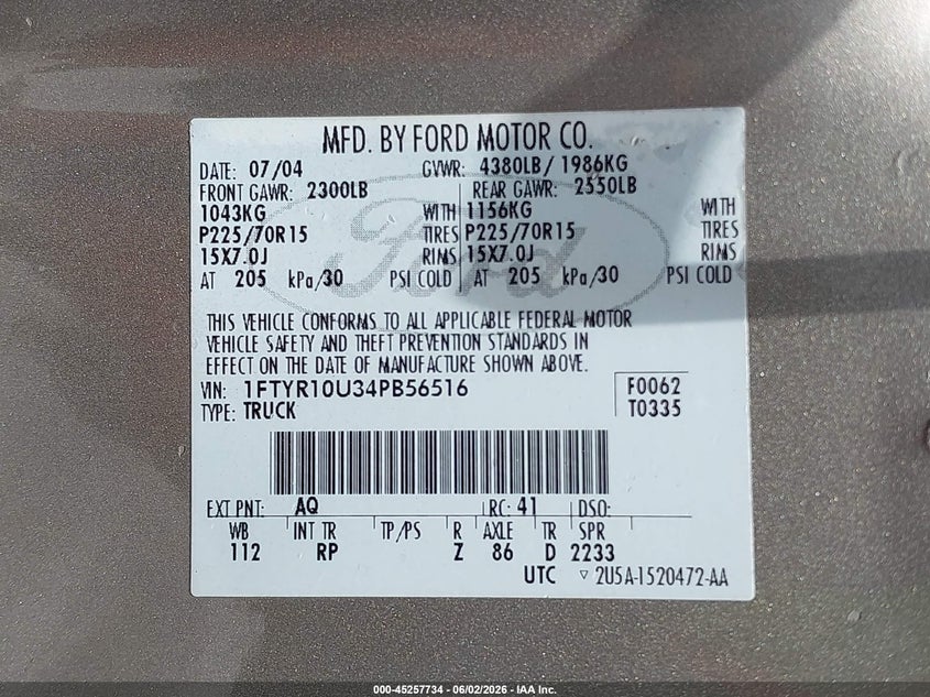 2004 Ford Ranger Edge/Xl/Xlt VIN: 1FTYR10U34PB56516 Lot: 45257734