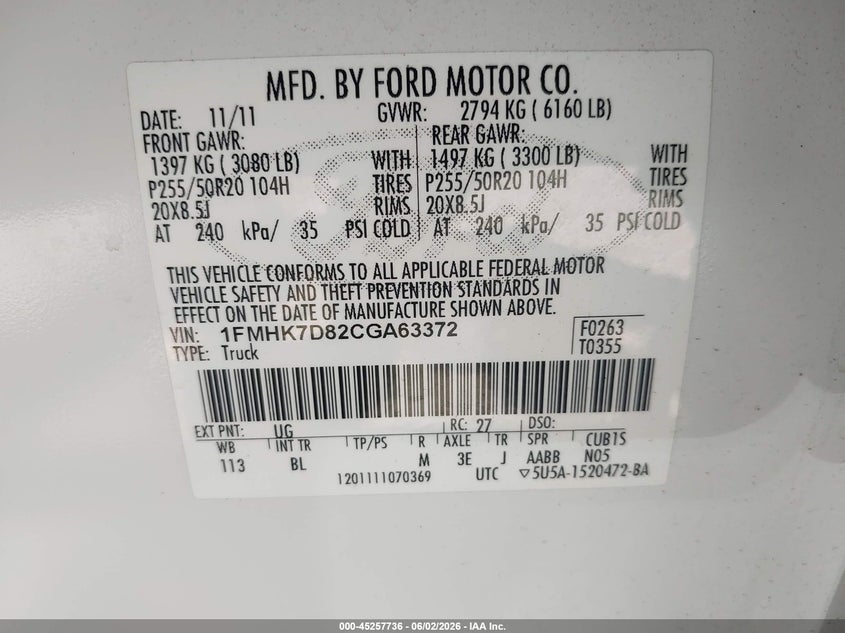 2012 Ford Explorer 3.5 Xlt white Lot 111045257736 Vin 1FMHK7D82CGA63372
